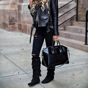 Black Five Tiered Suede Minnetonka Knee Boots